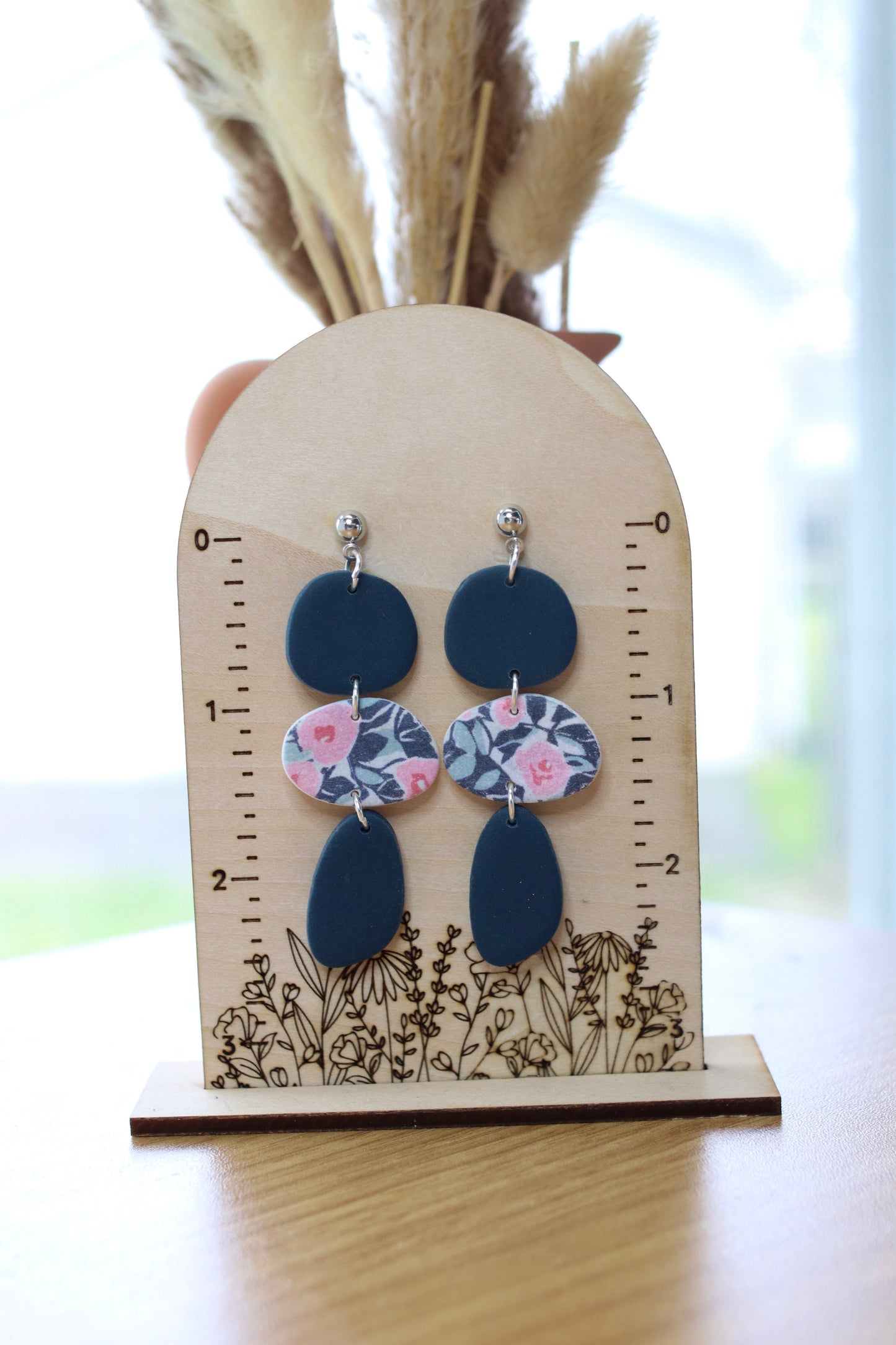 Navy Floral Long Earrings