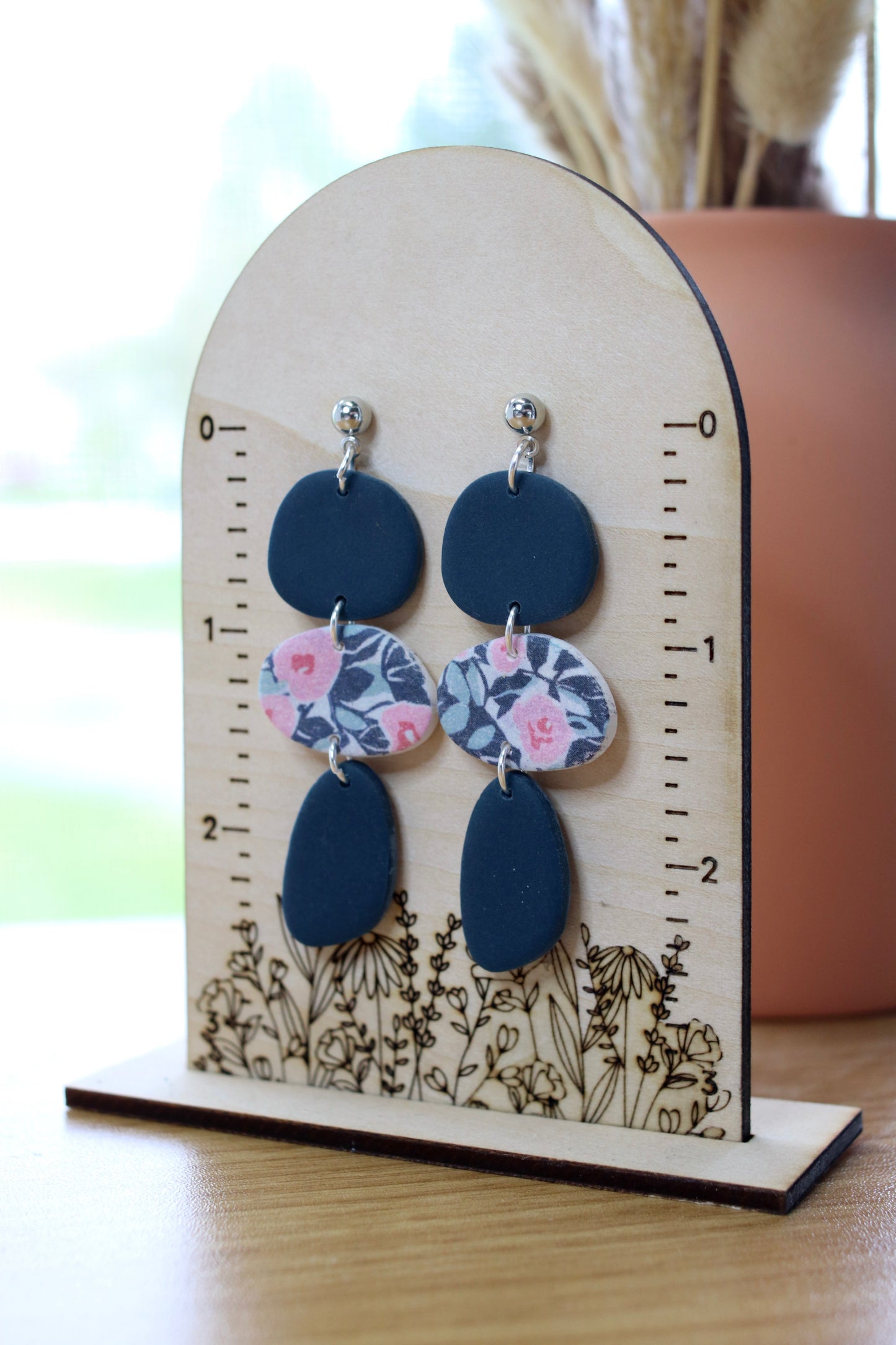Navy Floral Long Earrings