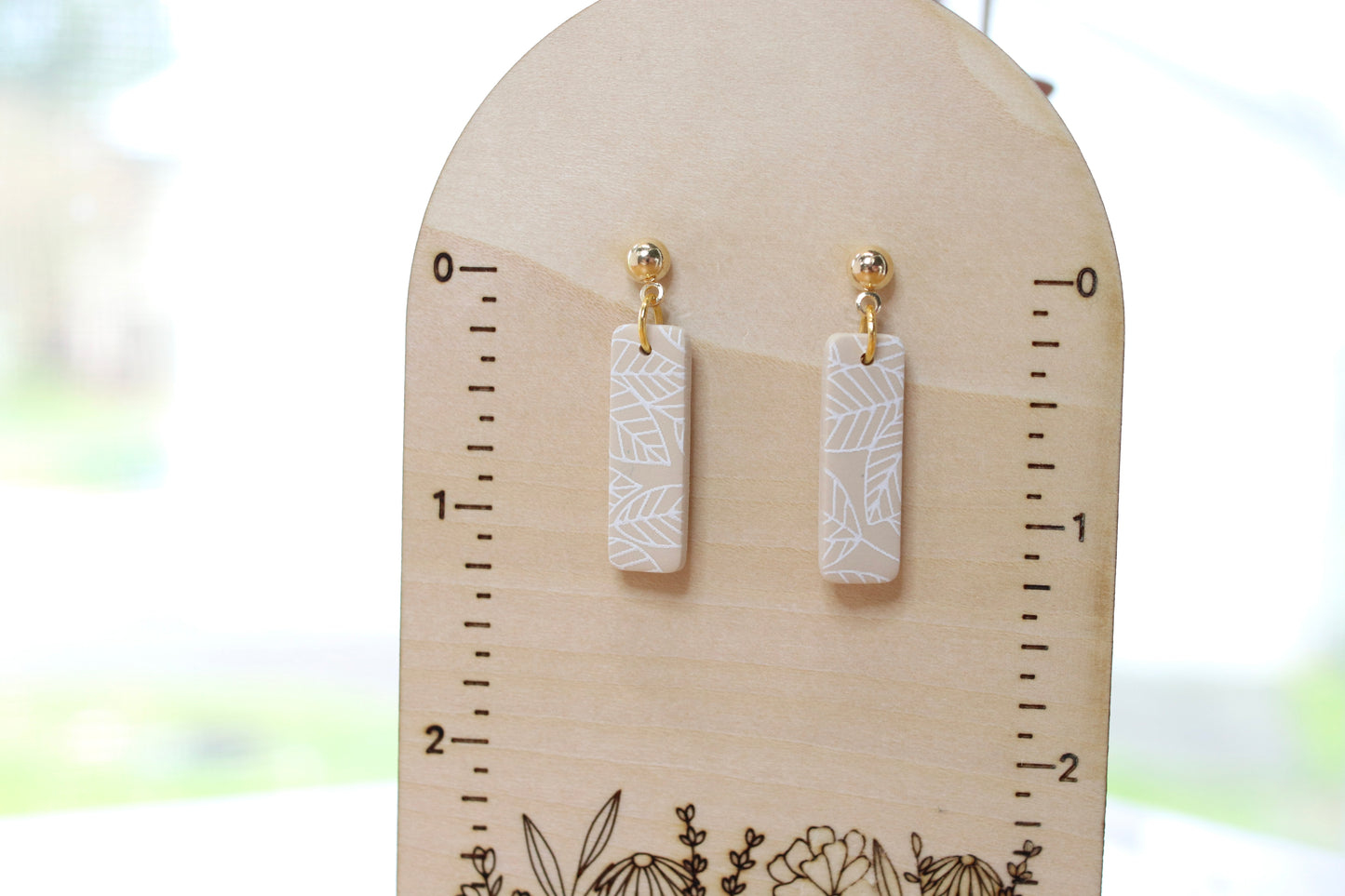 Beige Leafy Rectangle Earrings