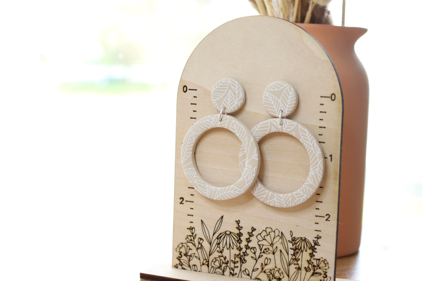 Beige Leafy Hoop Earrings