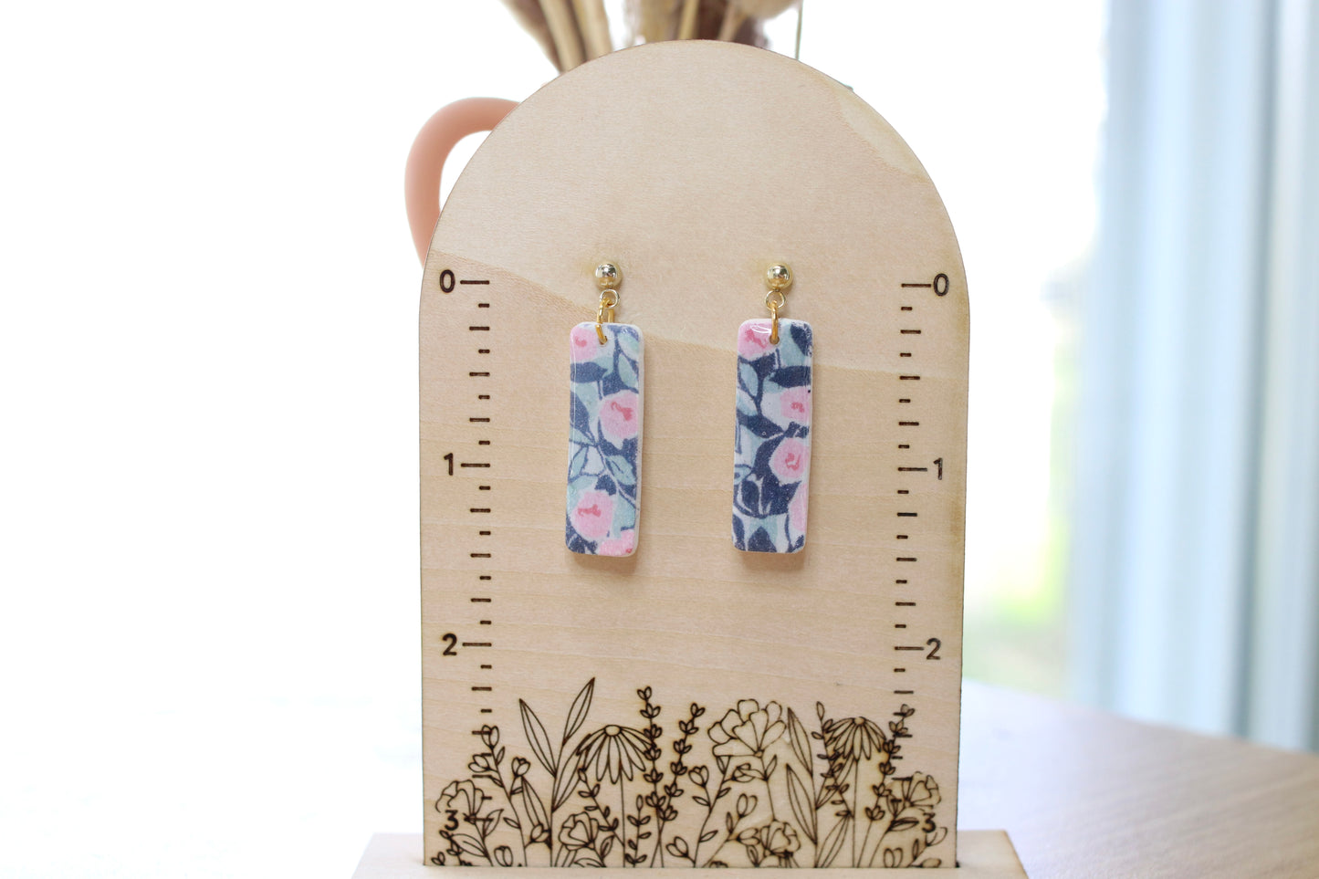 Blue Floral Rectangle Earrings
