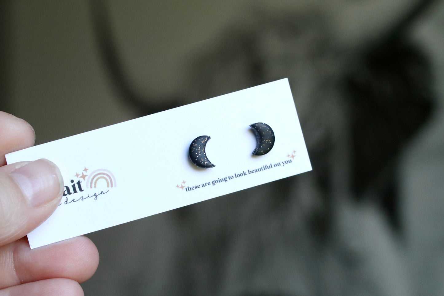 Black Glitter Mini Moon Studs