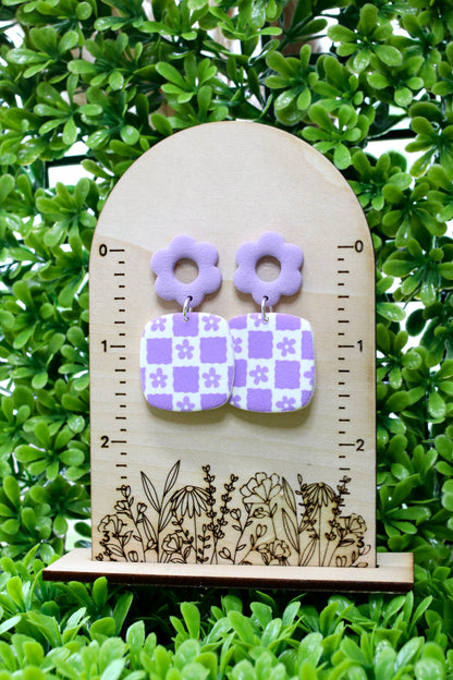 Purple Daisy Checkered Earrings