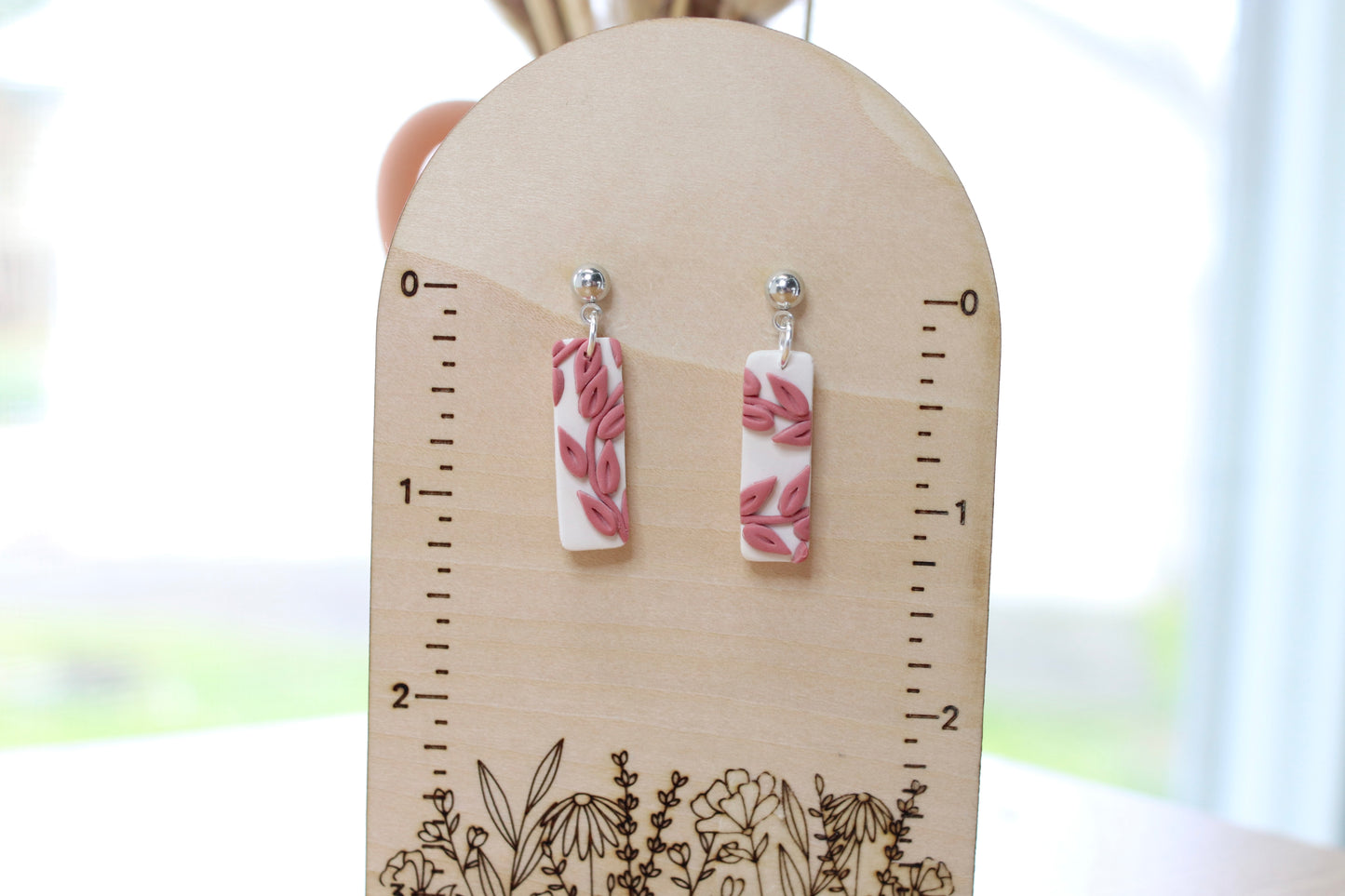 Mauve Leaf Rectangle Earrings