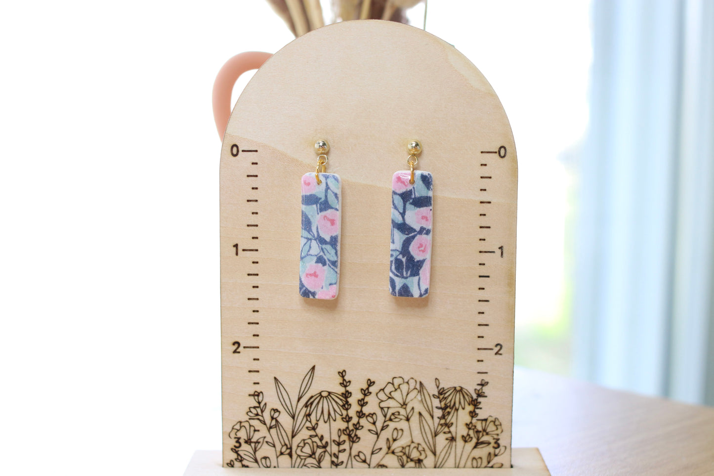 Blue Floral Rectangle Earrings