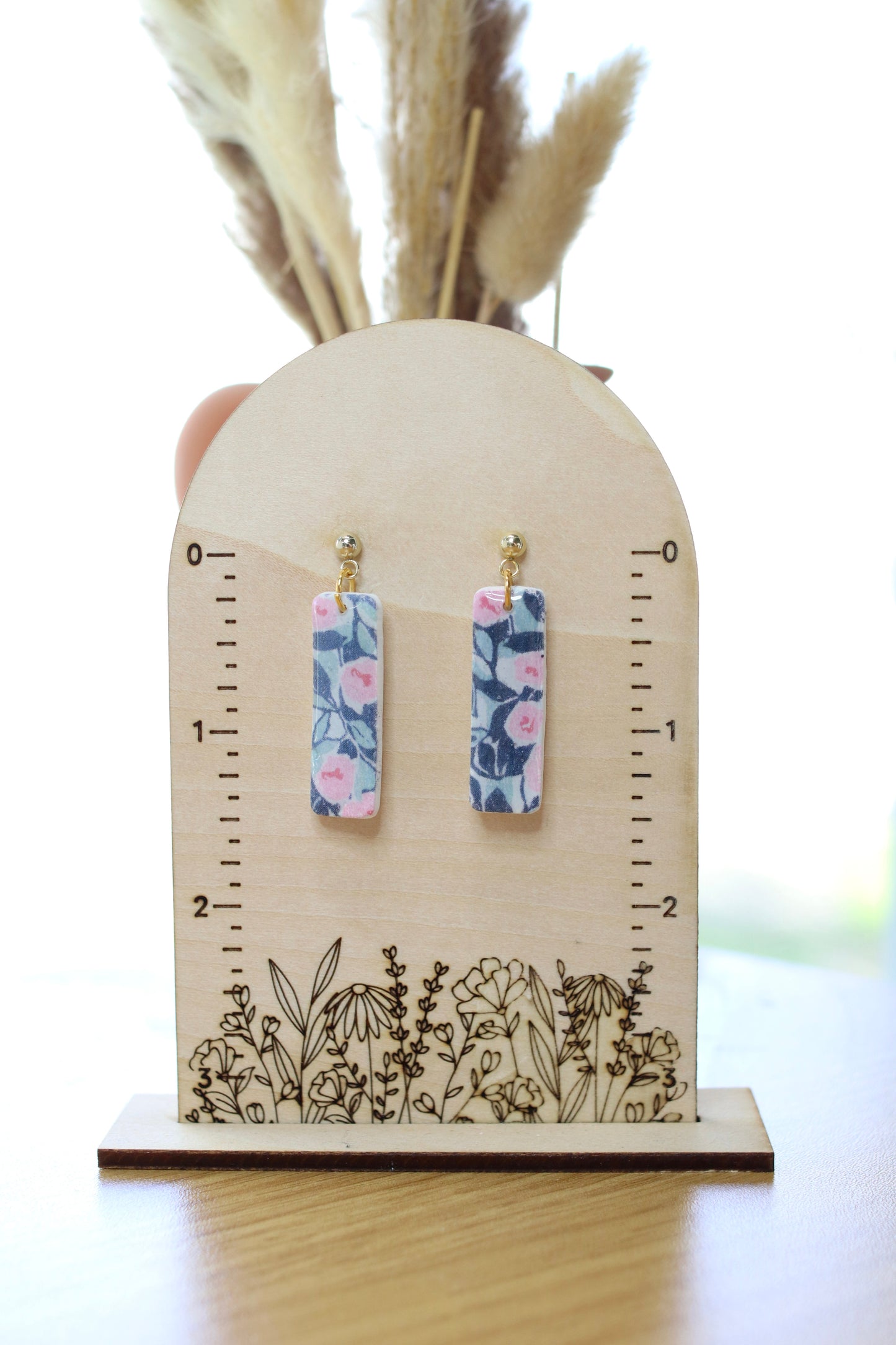 Blue Floral Rectangle Earrings