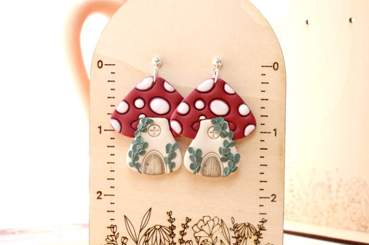 Crawling Vine Mushroom House Earrings