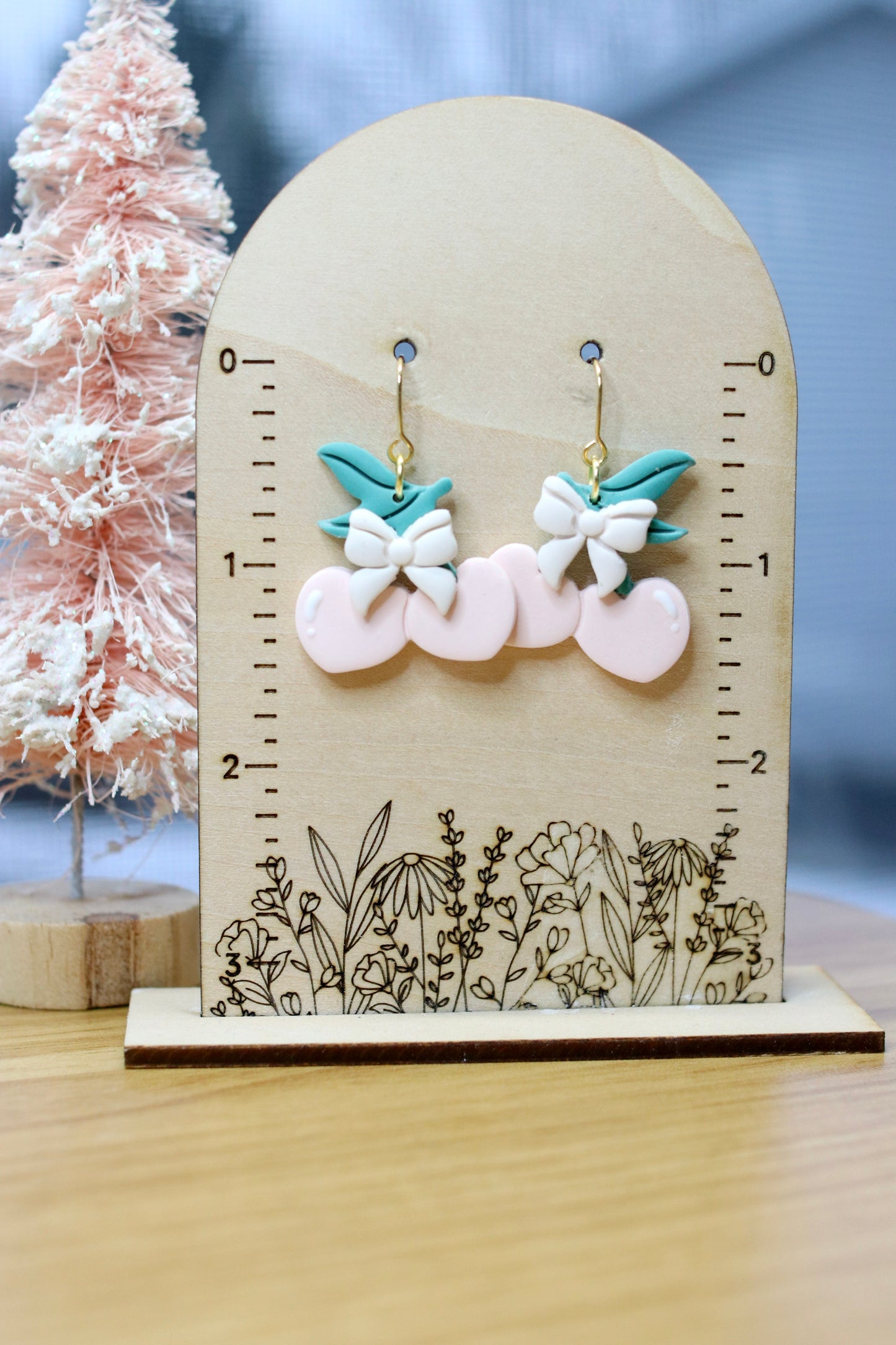 Girly Pink Bow Cherry Earrings