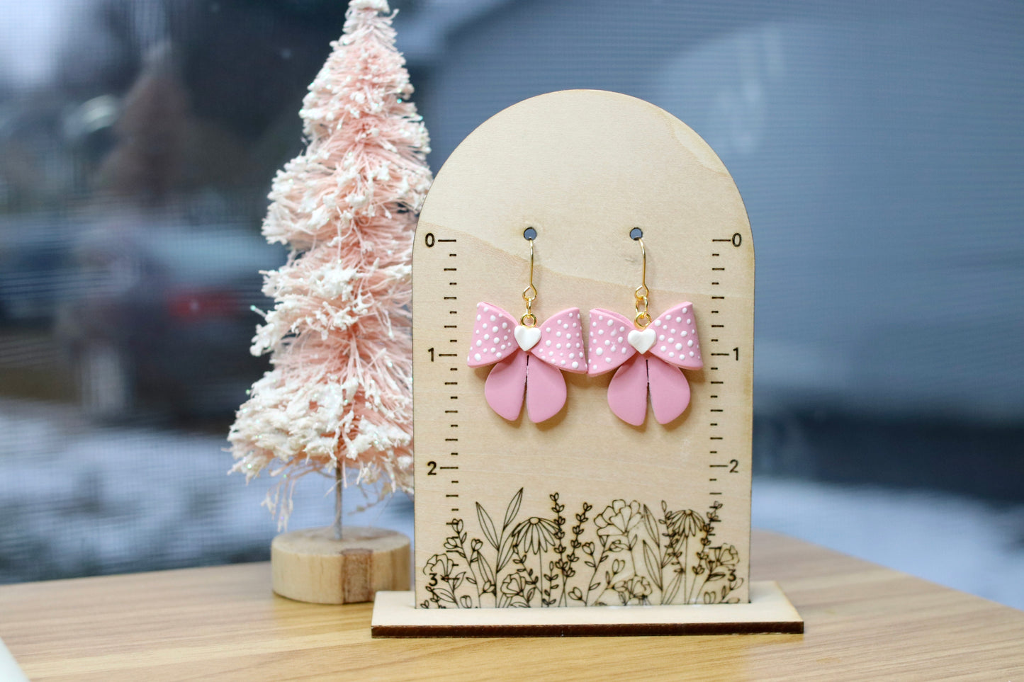 Polka Dot Pink Bow Earrings