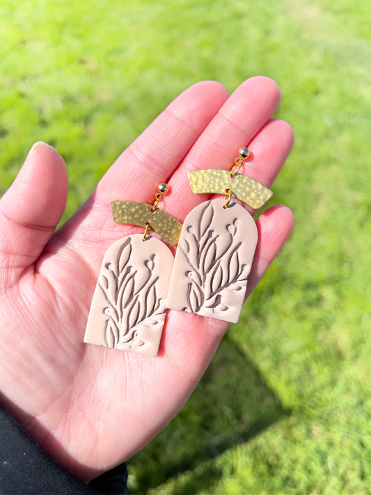 Leaf Printed Beige Dangle Earrings