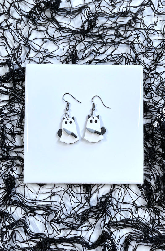 Spooky Ghost Black Cat Earrings