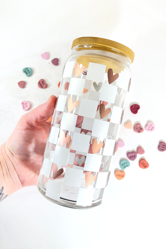 Rose Gold Heart Checkered Beer Can Glass