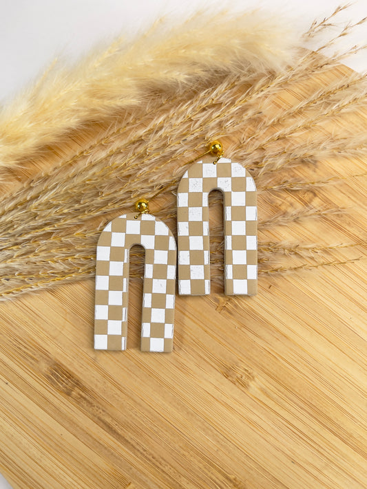 Tan Checkered Arch Earrings